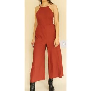 Lush high neck linen blend wide leg crop jumpsuit rust copper small